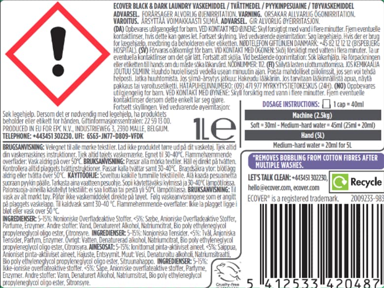 Ecover Flytende vaskemiddel sort og mørkt tøy