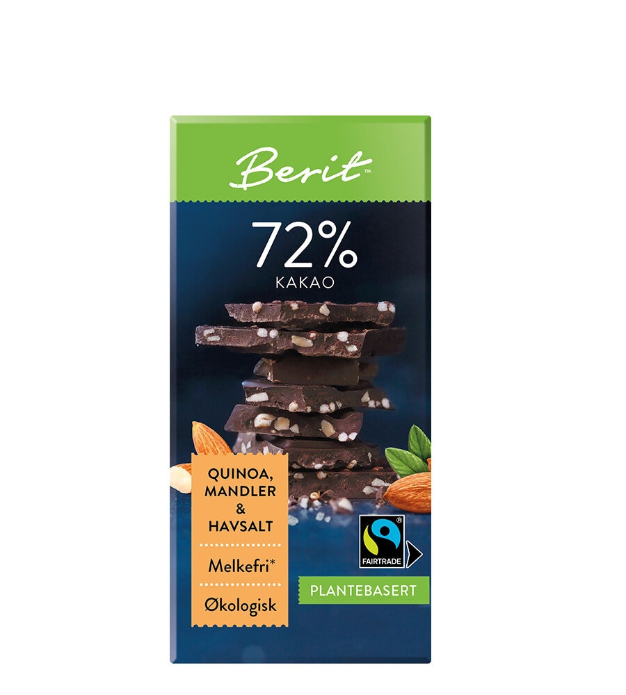 Berit™ Sjokolade 72% Kakao Quinoa, Mandler